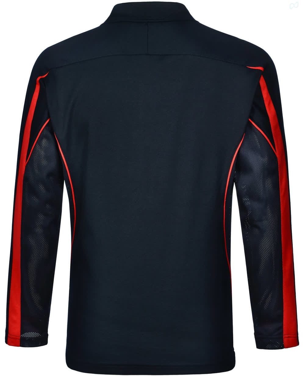 A black long sleeve polo shirt featuring red panels and mesh detailing, with a logo on it.