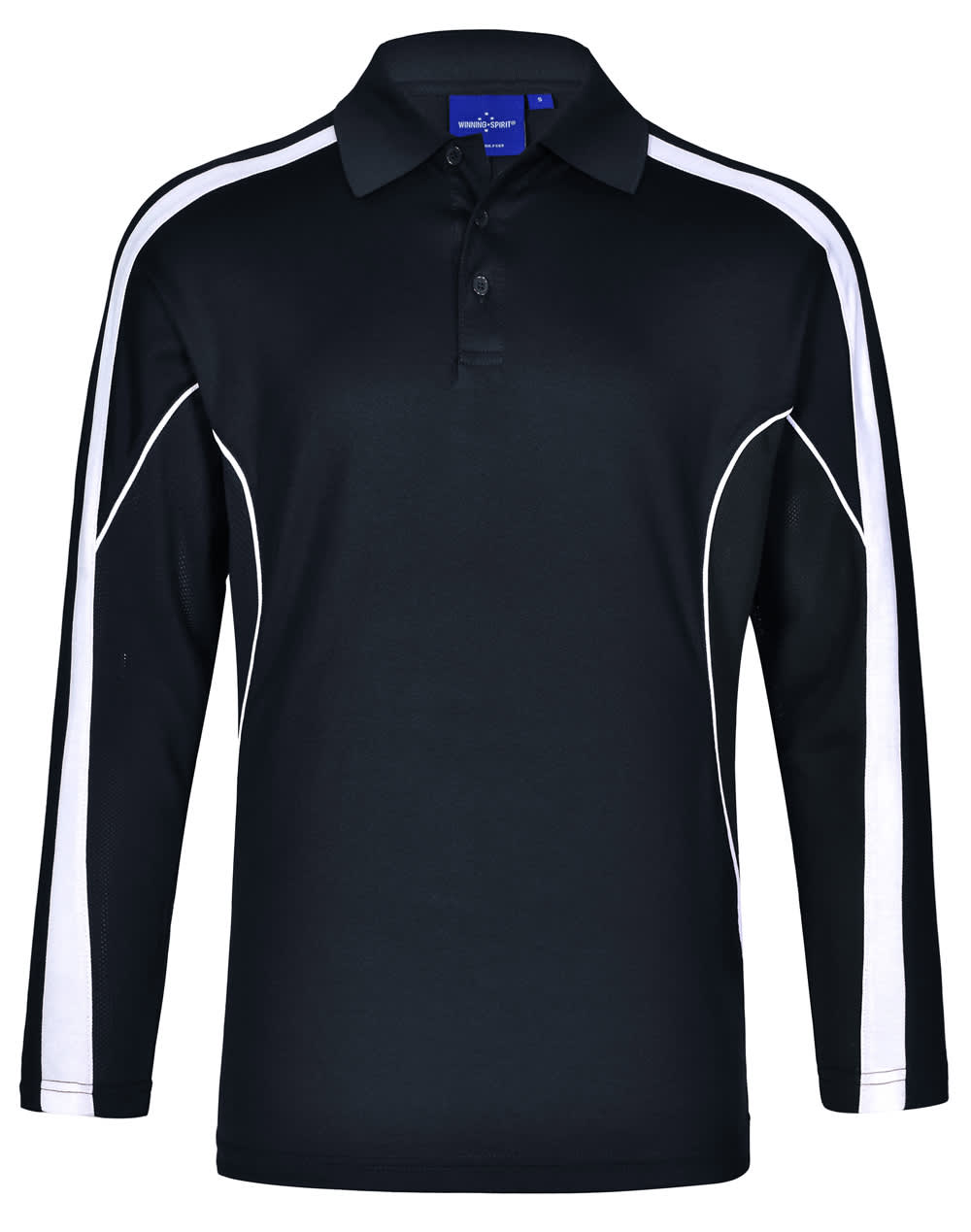 A black long sleeve polo shirt with white side stripes and a collar, featuring a logo.