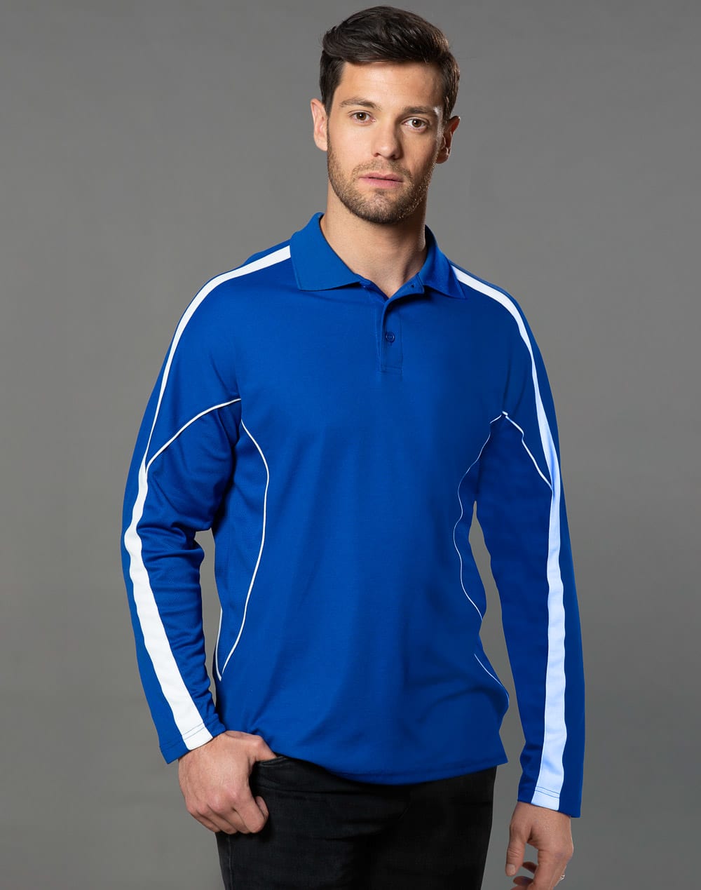 Men's TrueDry long sleeve polo in royal blue with white accents and a logo. Suitable for casual or athletic wear.