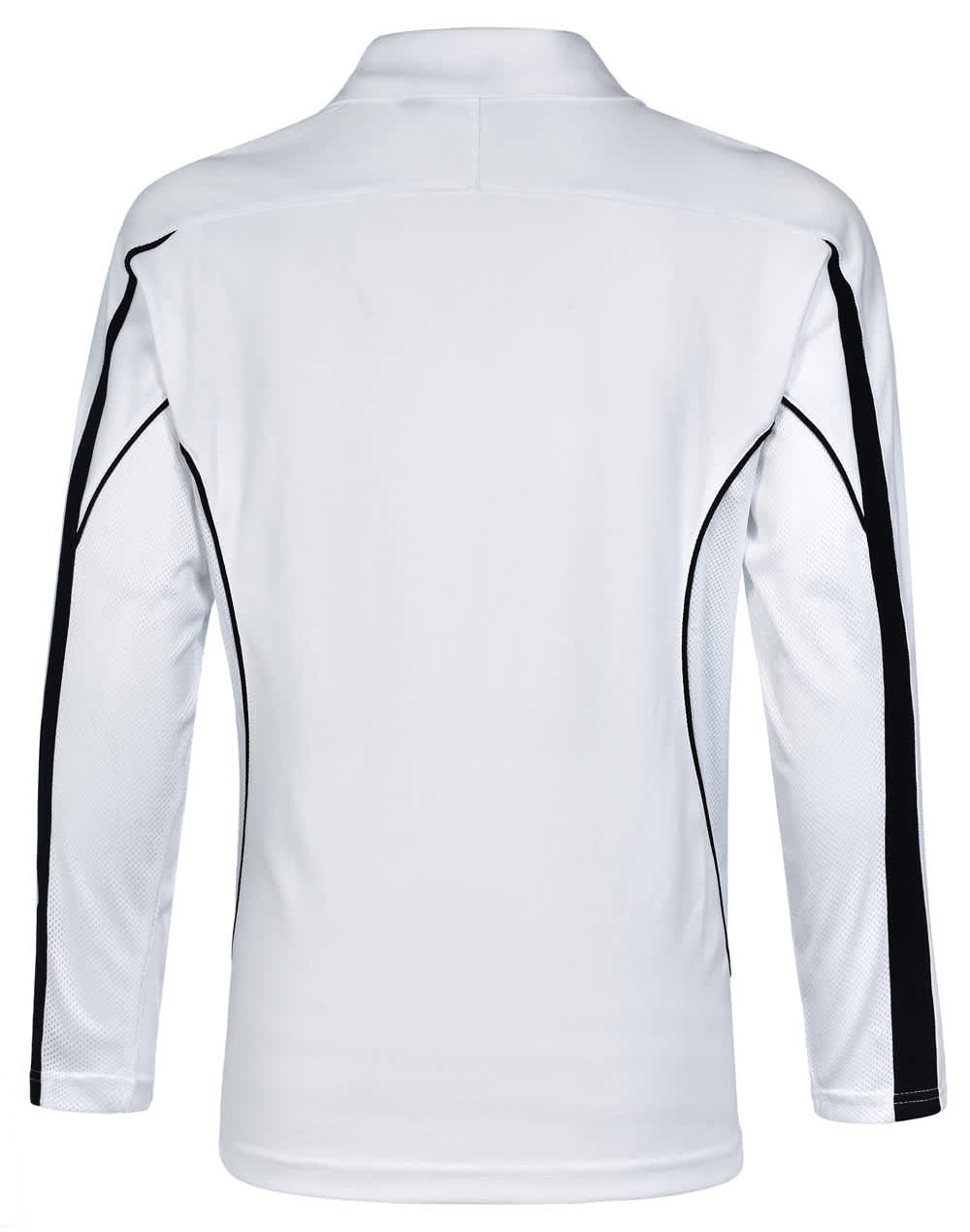 A white long sleeve polo shirt with black accents and a logo on the front.