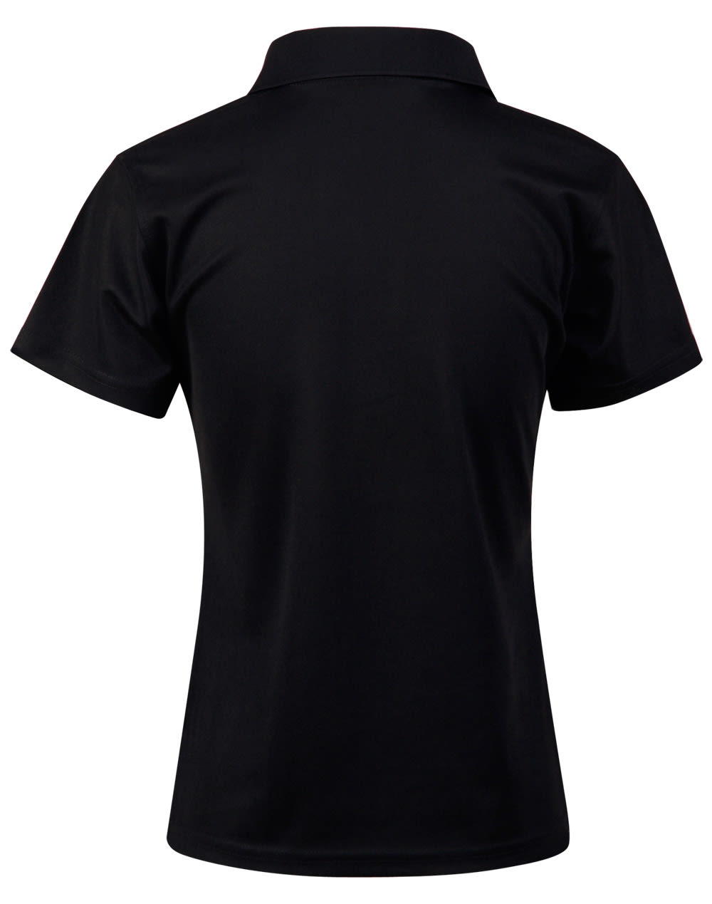 A black ladies' polo shirt with short sleeves and a classic collar, featuring a logo on the back.