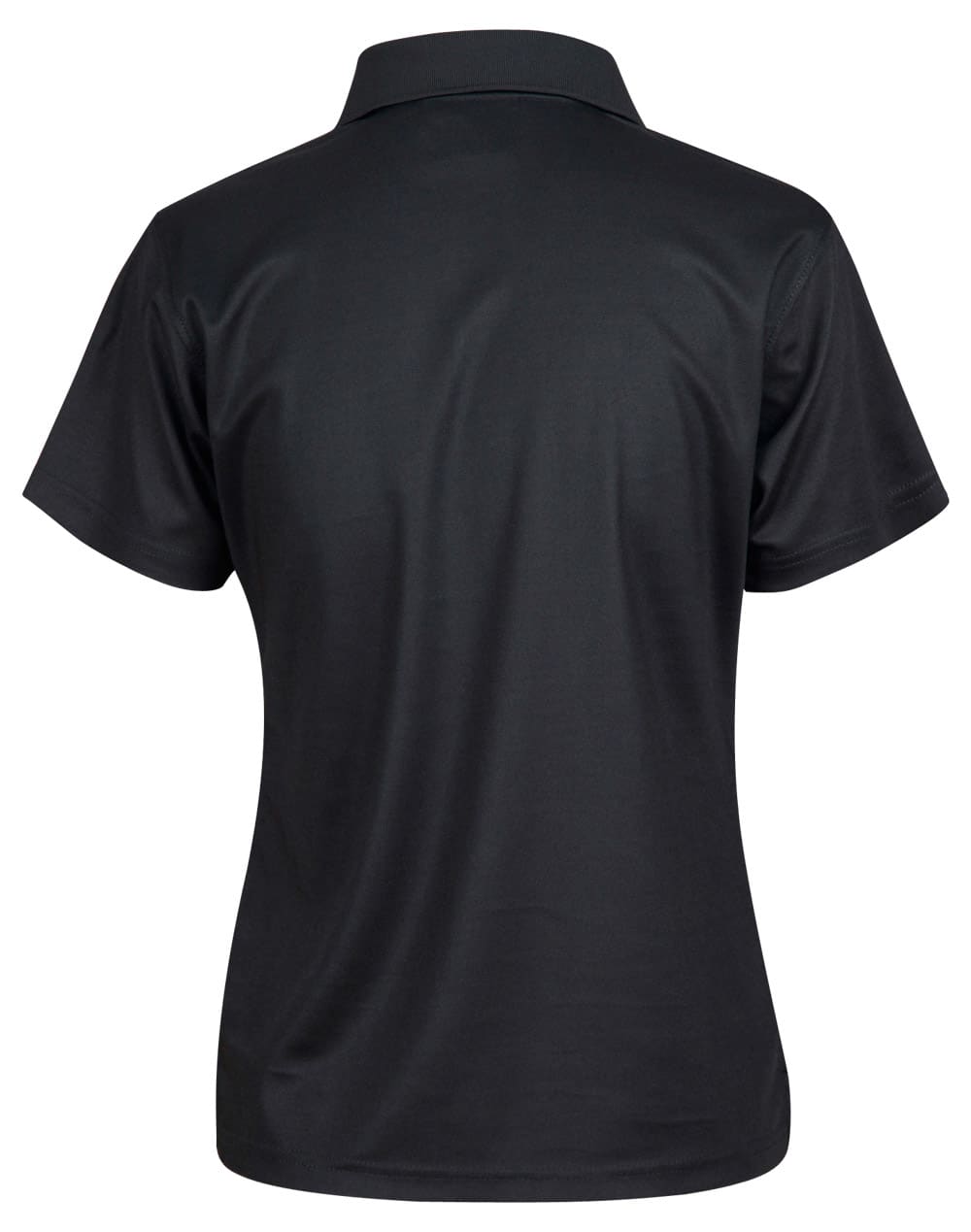 A black short-sleeved polo shirt with a collar, featuring a logo on the back.