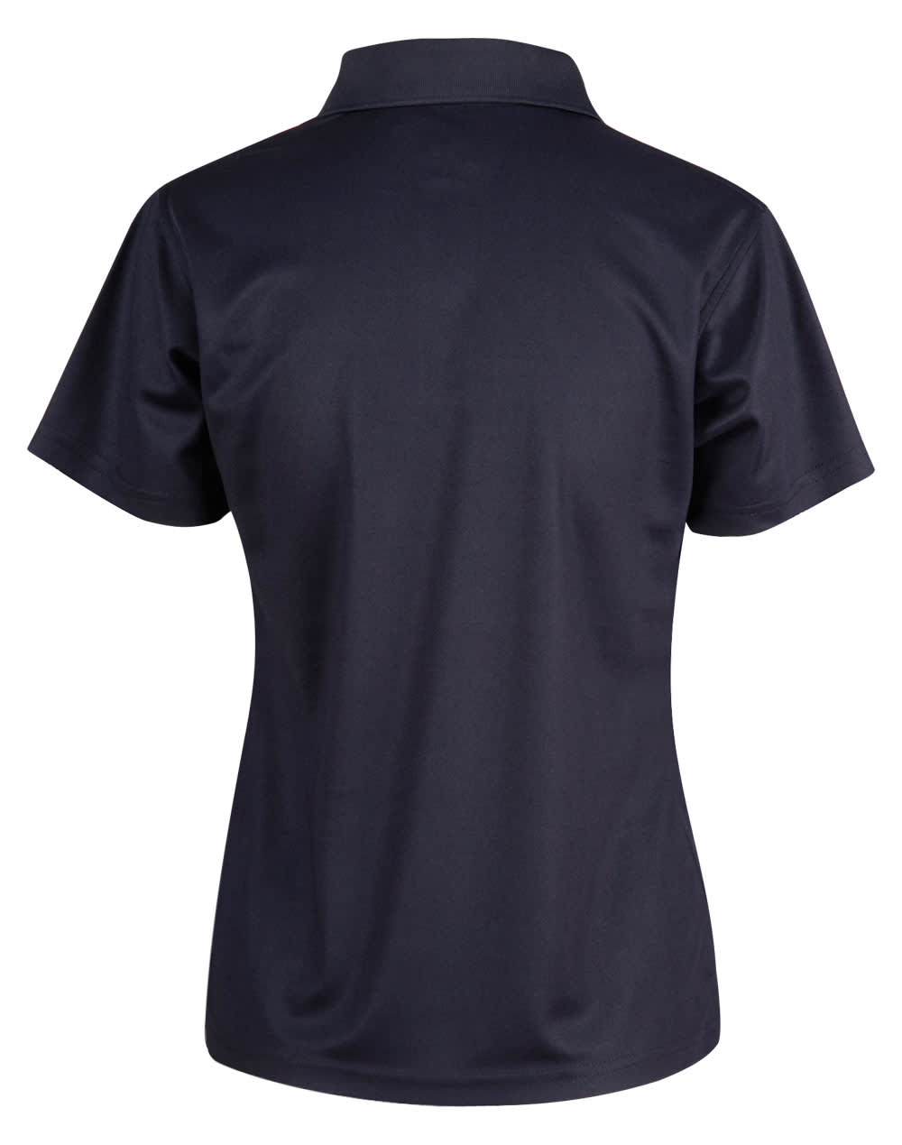 A navy blue ladies' short-sleeve polo shirt featuring a smooth fabric finish and a collar. Includes a logo.