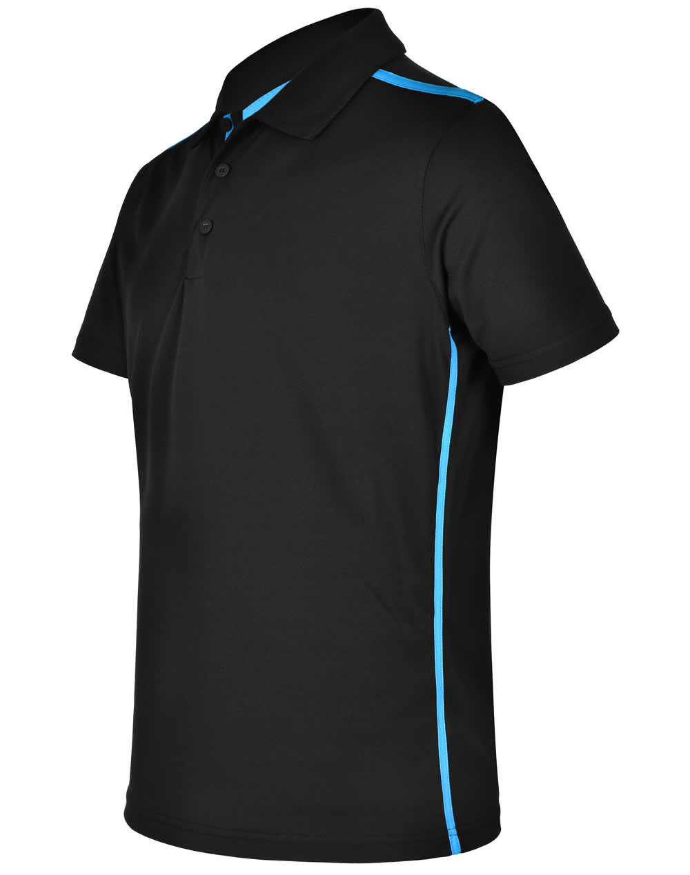 A black short sleeve polo shirt with contrast blue detailing and a logo on the chest.