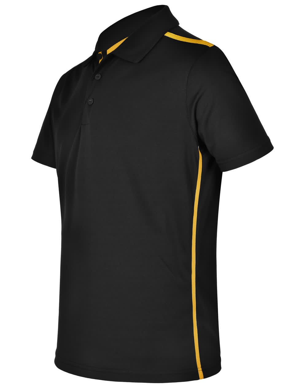 A black short sleeve polo shirt with contrasting yellow side stripes and a logo on the chest.