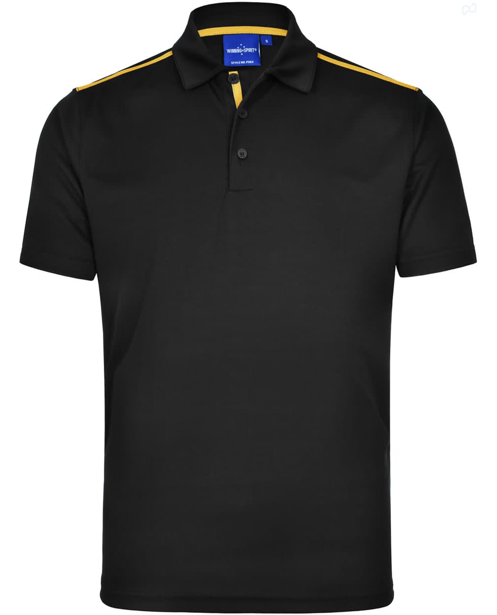 A black short sleeve polo shirt with yellow contrast detailing and a logo on the chest.