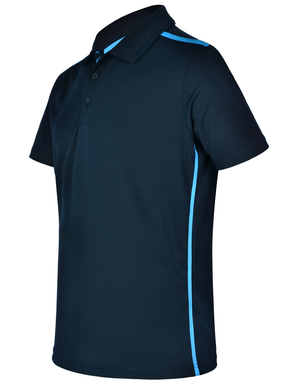 A navy blue short sleeve polo shirt with contrasting light blue side stripes and a logo on the chest.