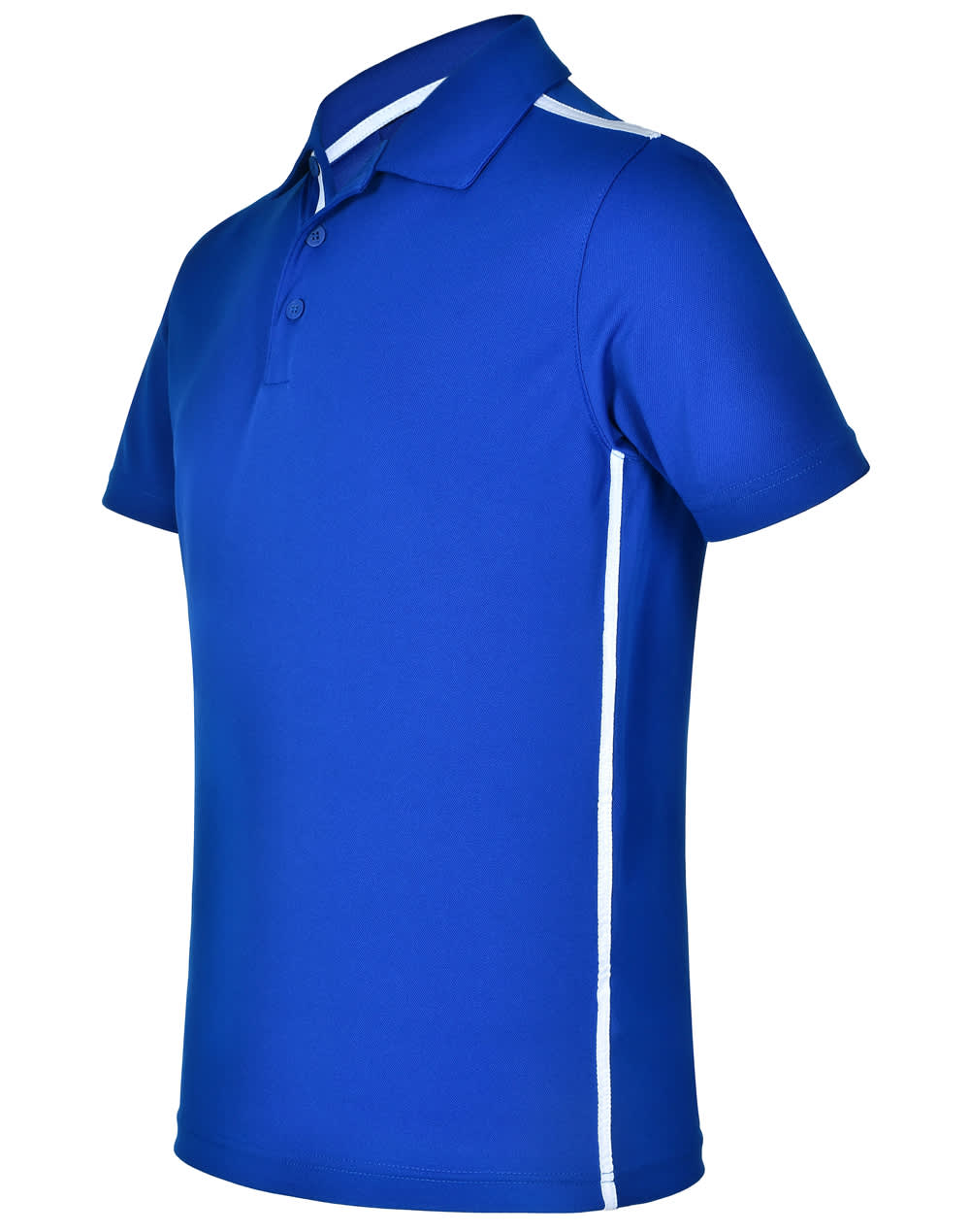 A blue short sleeve polo shirt featuring white contrast stripes and a logo.