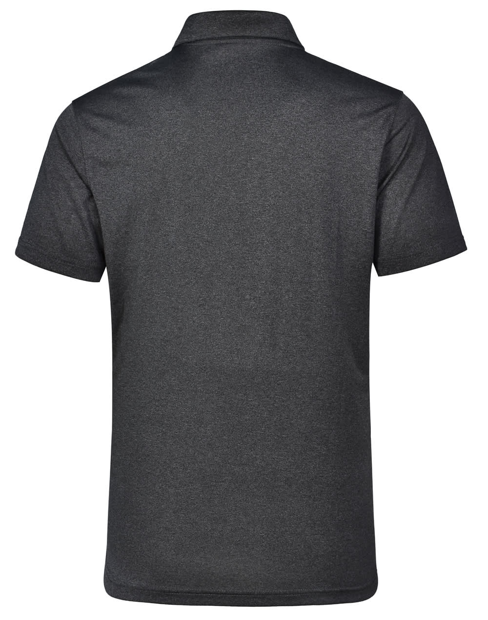 A dark grey men's short sleeve polo shirt featuring a collar and a logo.