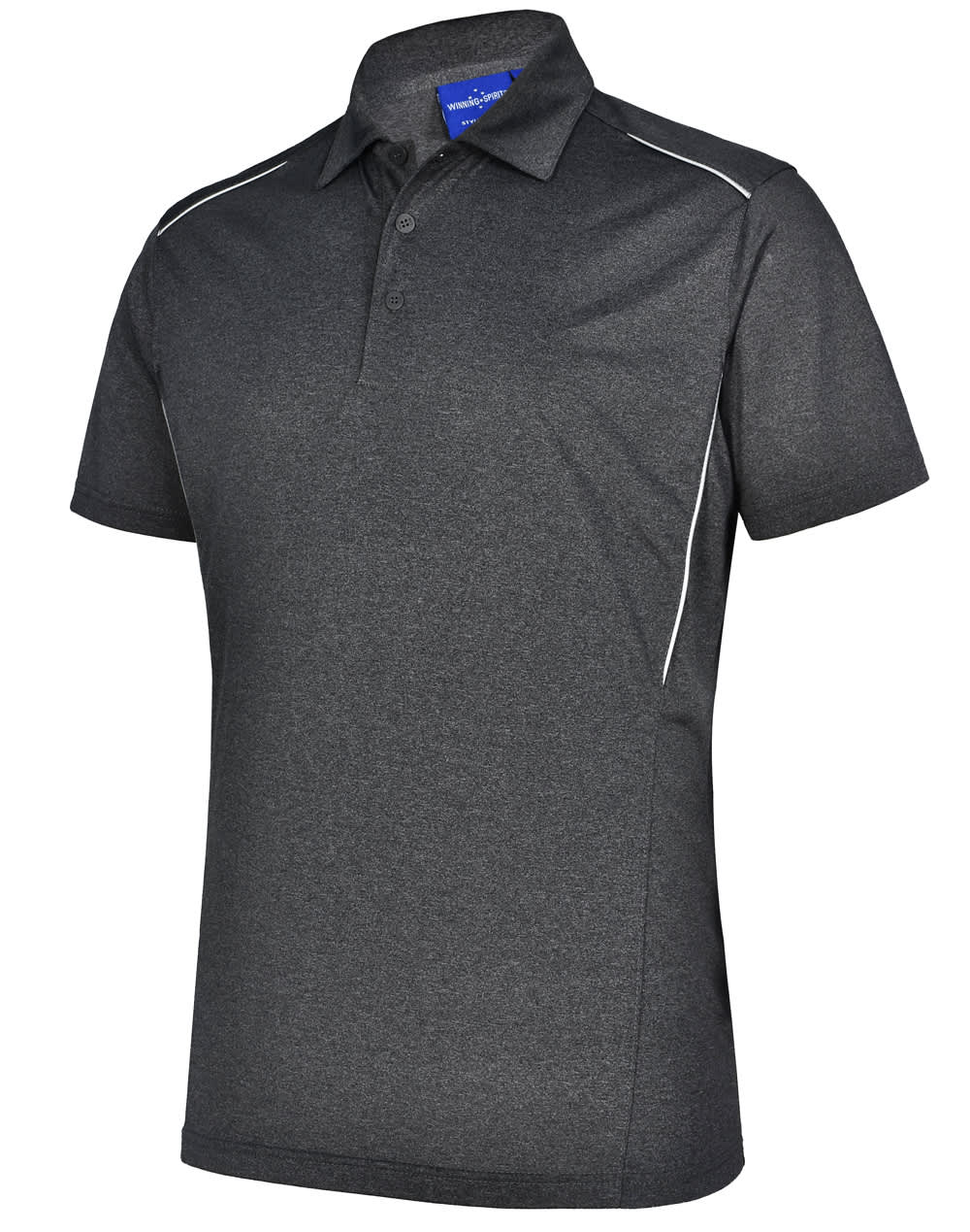 A men's short sleeve polo shirt in dark grey, featuring piping details and a logo.