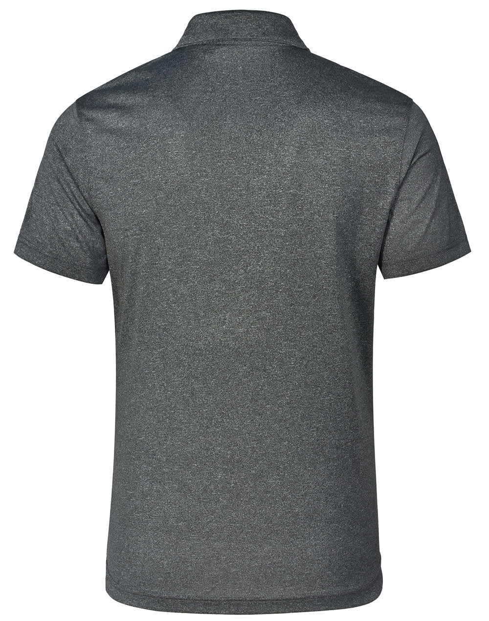 A dark grey men's short sleeve polo shirt with a collar and branding on the back.