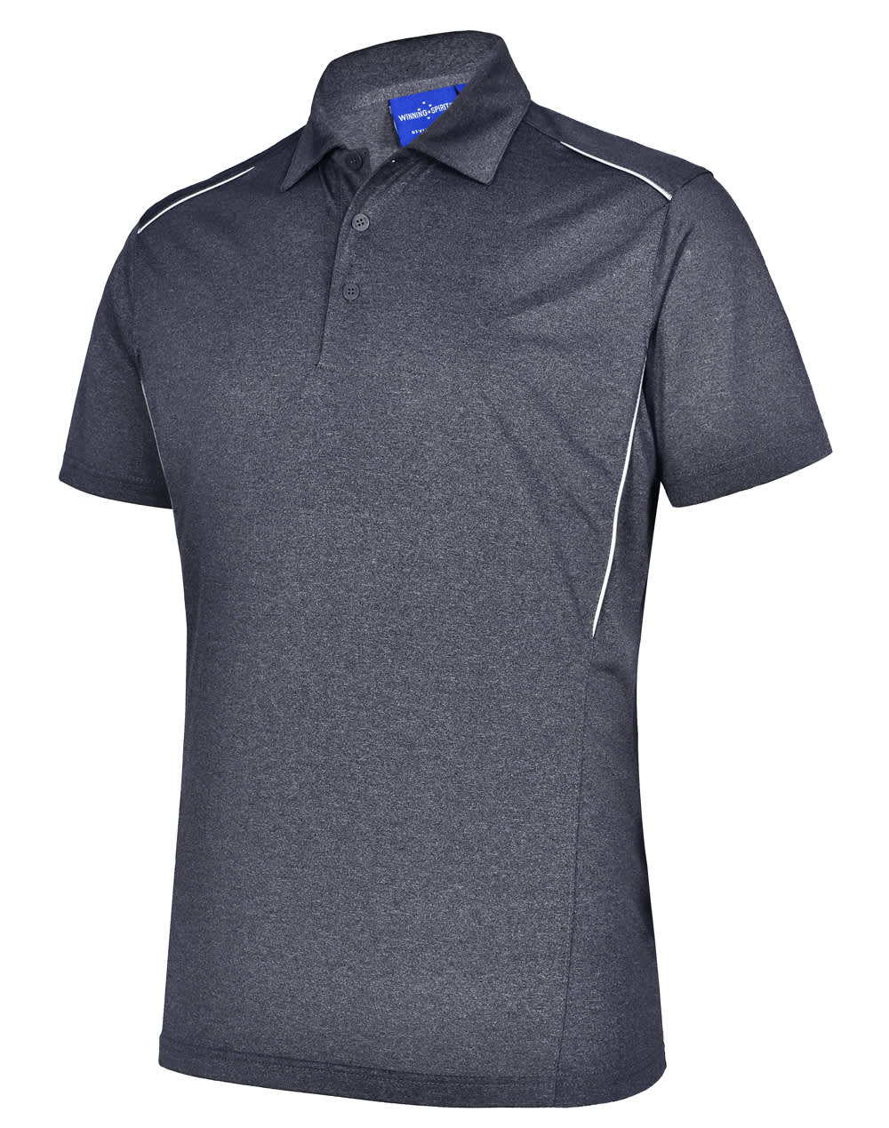 A dark grey short sleeve polo shirt with a subtle contrast piping and a logo on the chest.