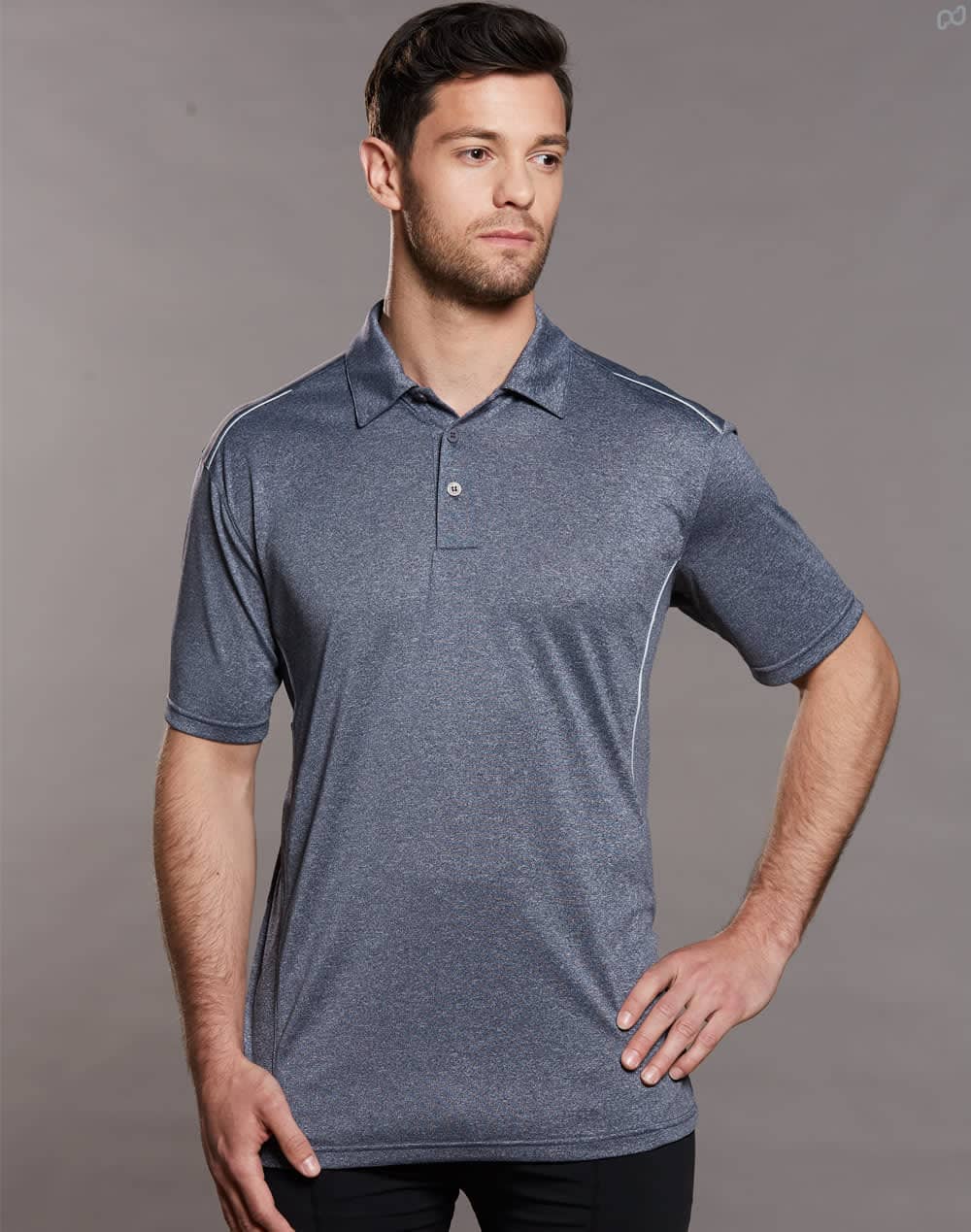 A grey men's short sleeve polo shirt with a subtle texture and a logo on the chest.