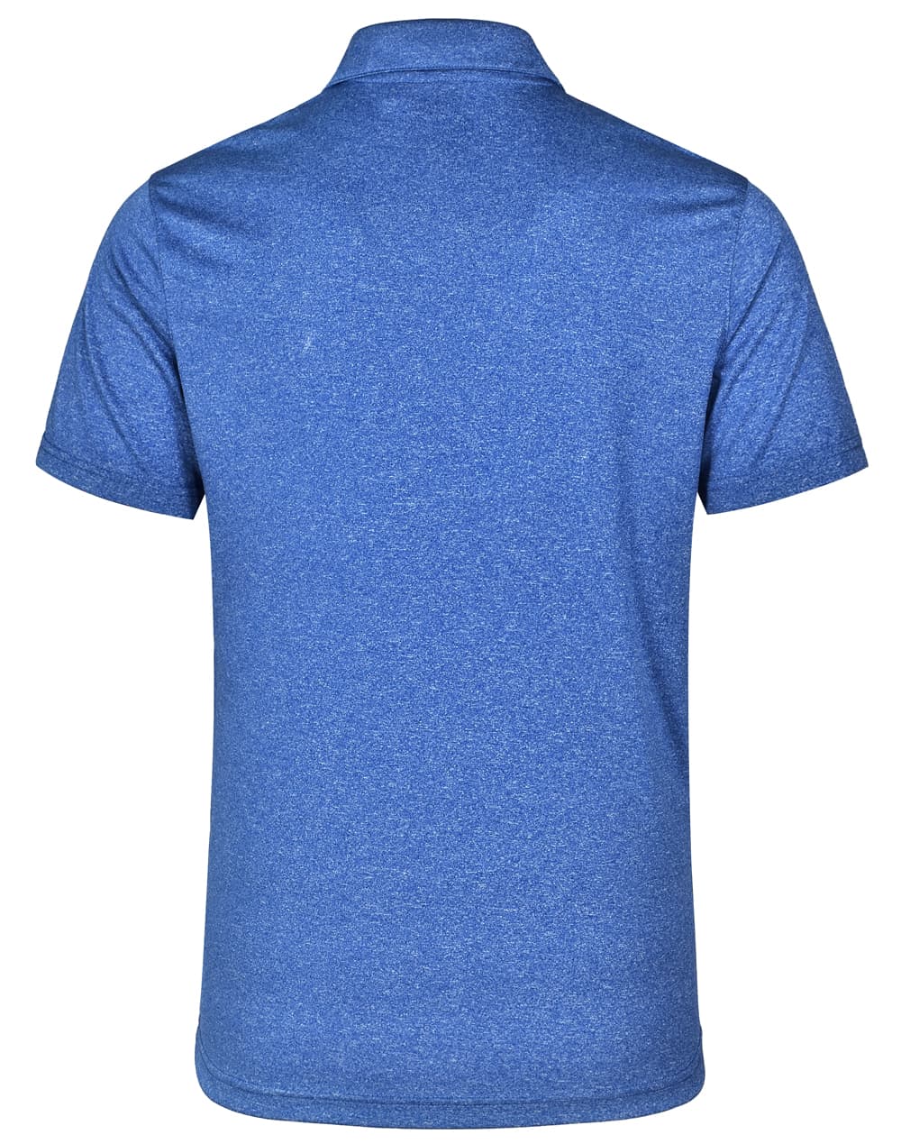 A blue short sleeve polo shirt with a textured finish and a logo on the back.