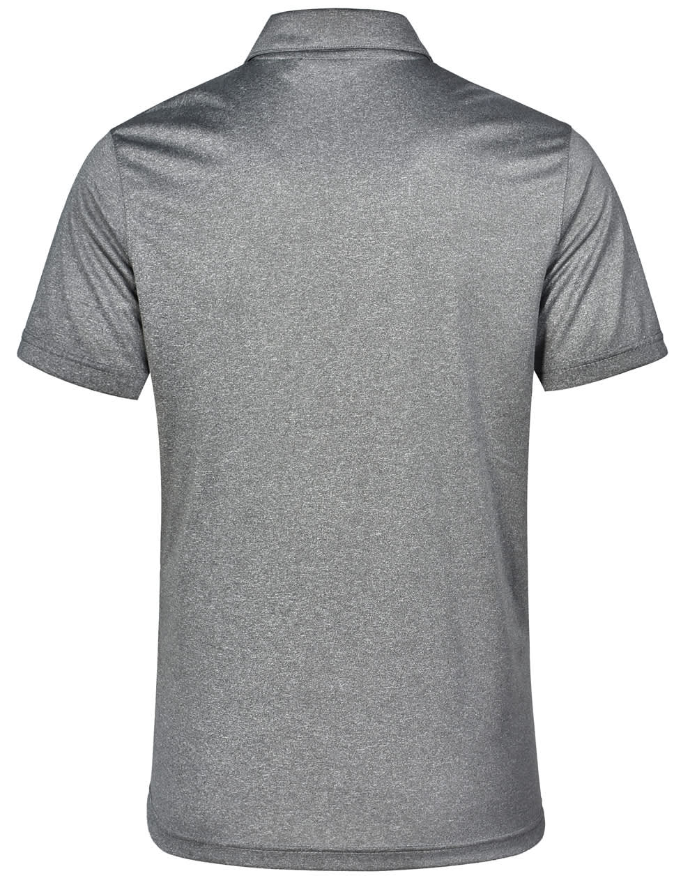 A grey short sleeve polo shirt featuring a smooth fabric texture and a collar, with a logo on the back.