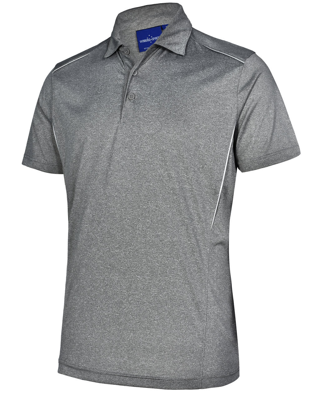A grey short sleeve polo shirt with subtle white detailing and a logo on the collar.