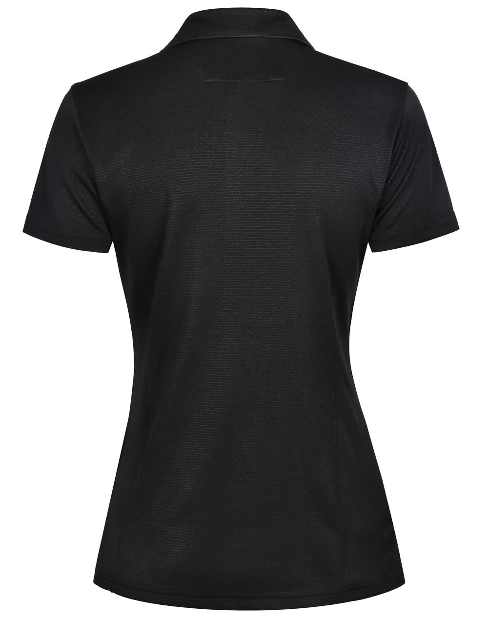 A black women's polo shirt featuring a collar and a logo on the back.
