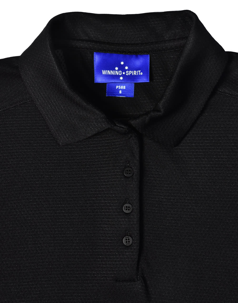 A black ladies' bamboo charcoal polo shirt featuring a collar and button placket, with a brand label inside.