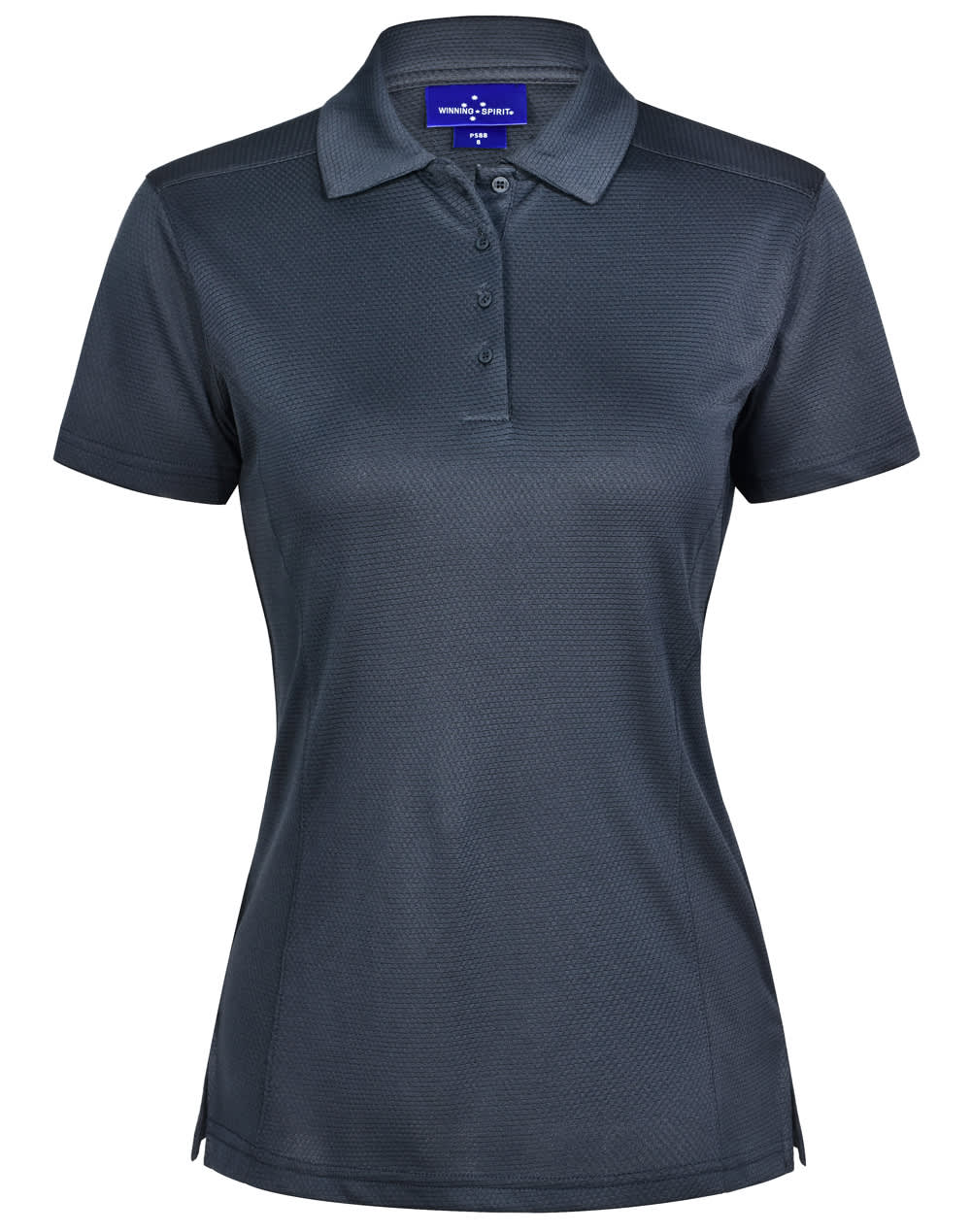A ladies' short-sleeve polo shirt in dark grey with a subtle texture, featuring a collar and a logo.