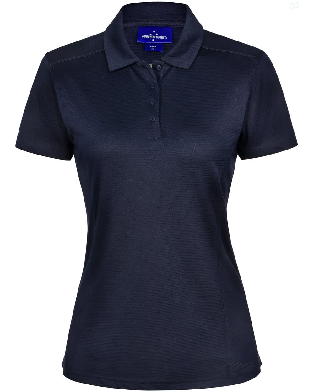 A navy blue women's polo shirt with a collared neckline, short sleeves, and a logo.