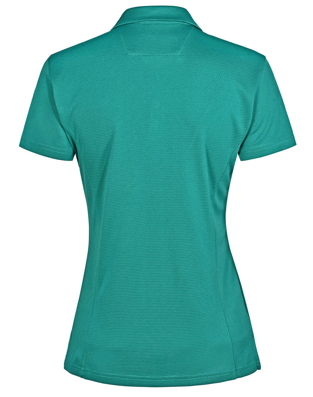 A teal ladies' polo shirt with a fitted design and a collar, featuring a logo on the side.