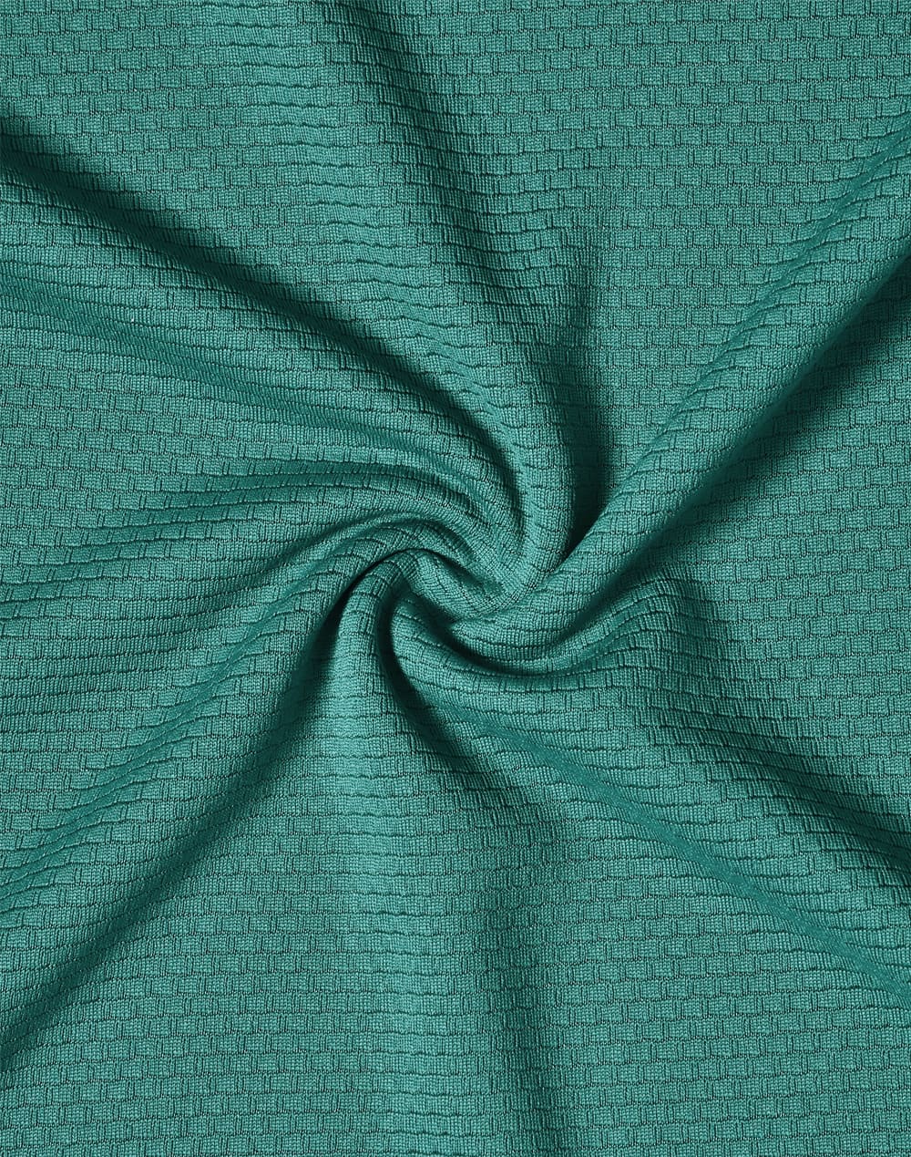 A textured fabric in a rich teal colour, showcasing a subtle grid pattern. There is a logo present.
