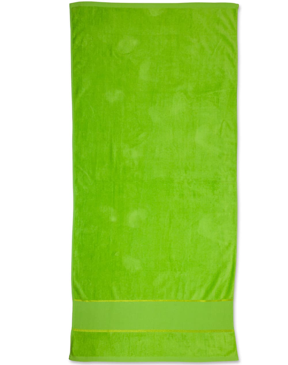 A bright green terry velour beach towel measuring 75x150 cm, featuring a simple design and a branding logo.
