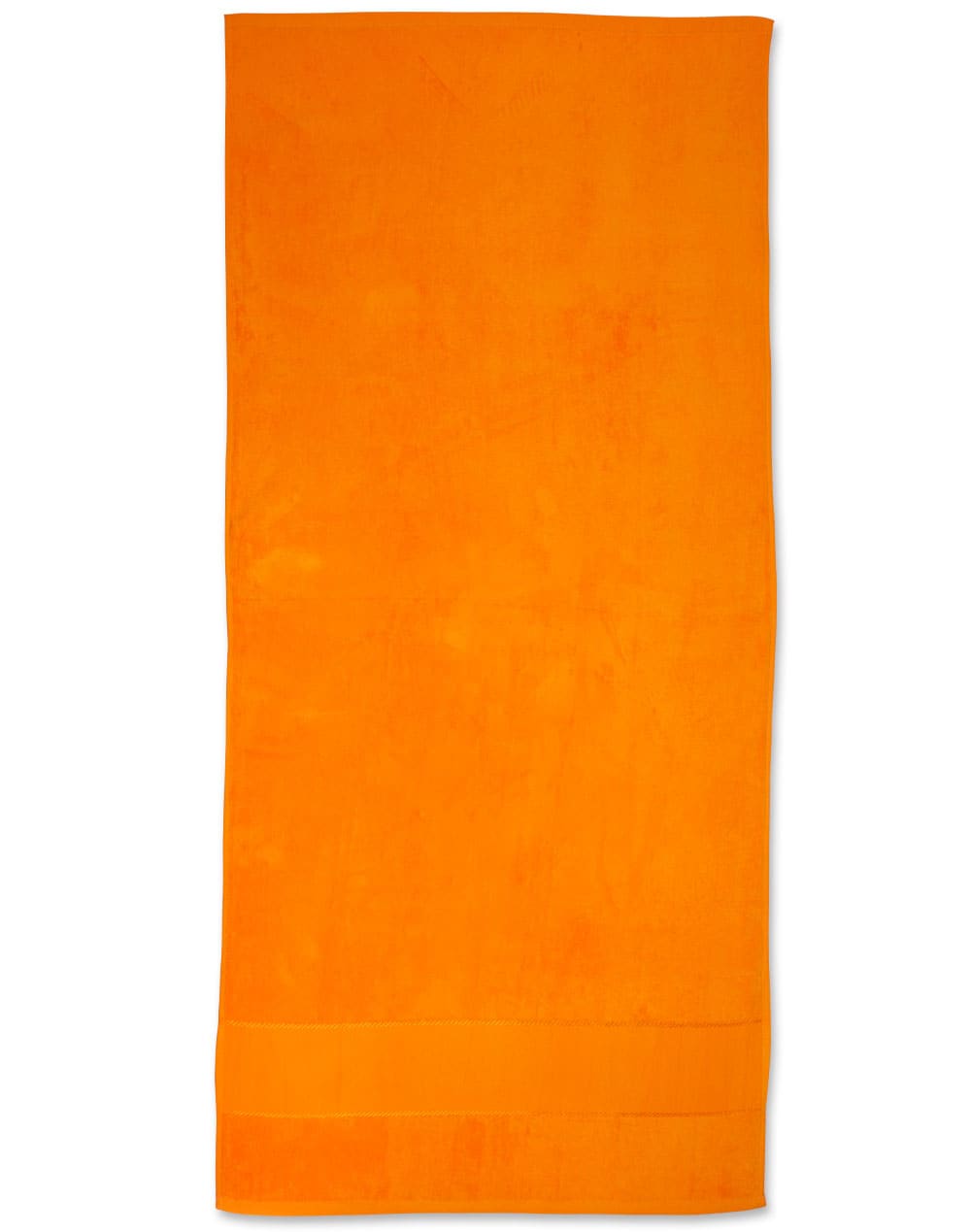 An orange terry velour beach towel, measuring 75x150 cm, with a towel hem and a logo.