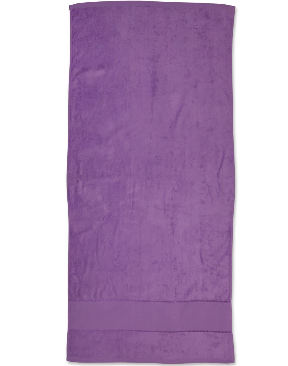 A purple terry velour beach towel measuring 75x150 cm, featuring a plain design with a logo.