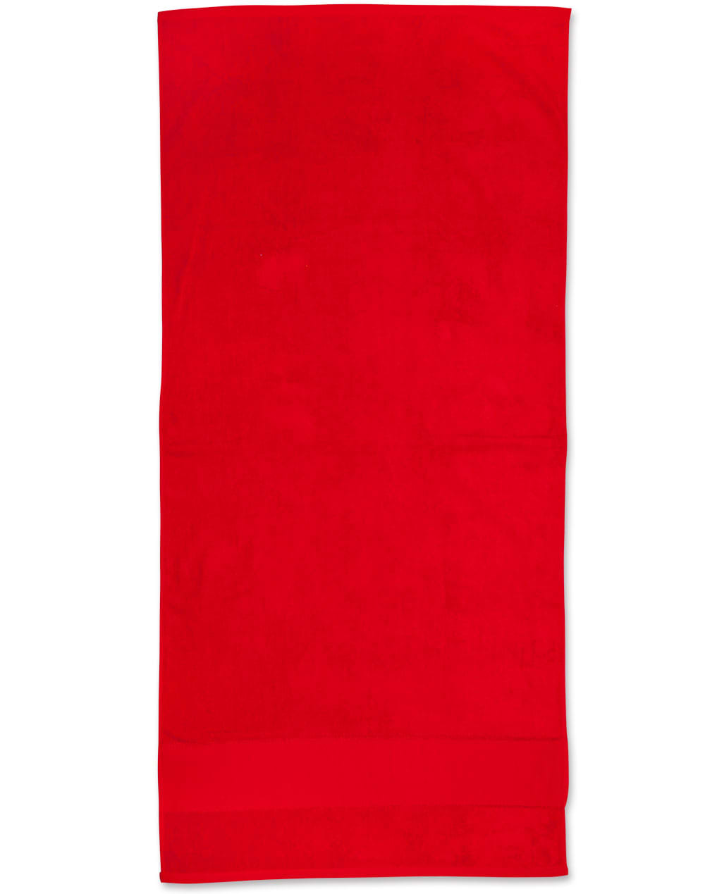 A red terry velour beach towel measuring 75x150 cm, with a solid colour design and a logo.
