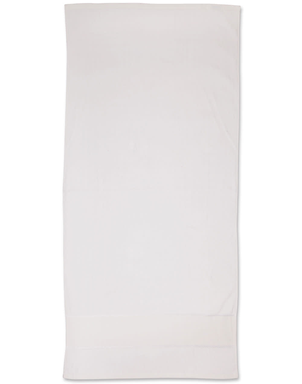 A white terry velour beach towel measuring 75x150 cm, featuring a logo at the edge.
