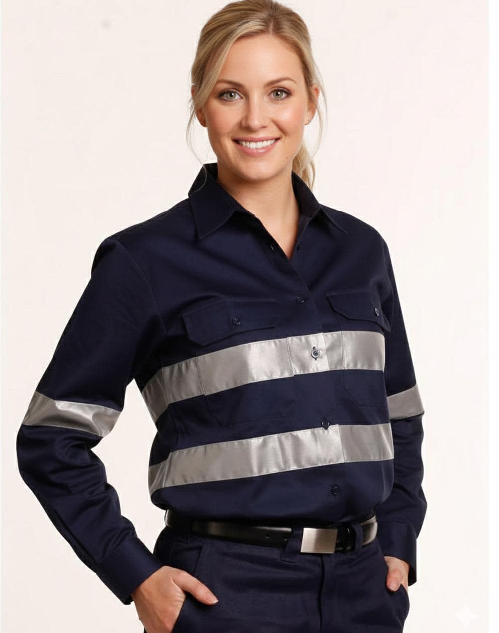 Ladies HiVis Cotton Drill Long Sleeves Work Shirt with 3M Reflective Taps