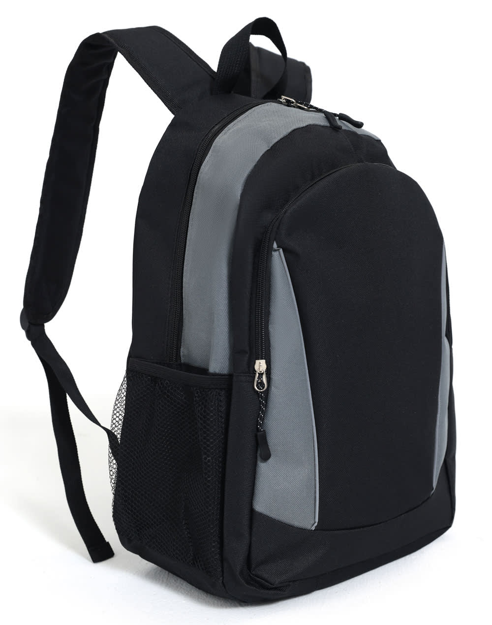 A black and grey backpack featuring zip compartments and a mesh side pocket, with adjustable straps.