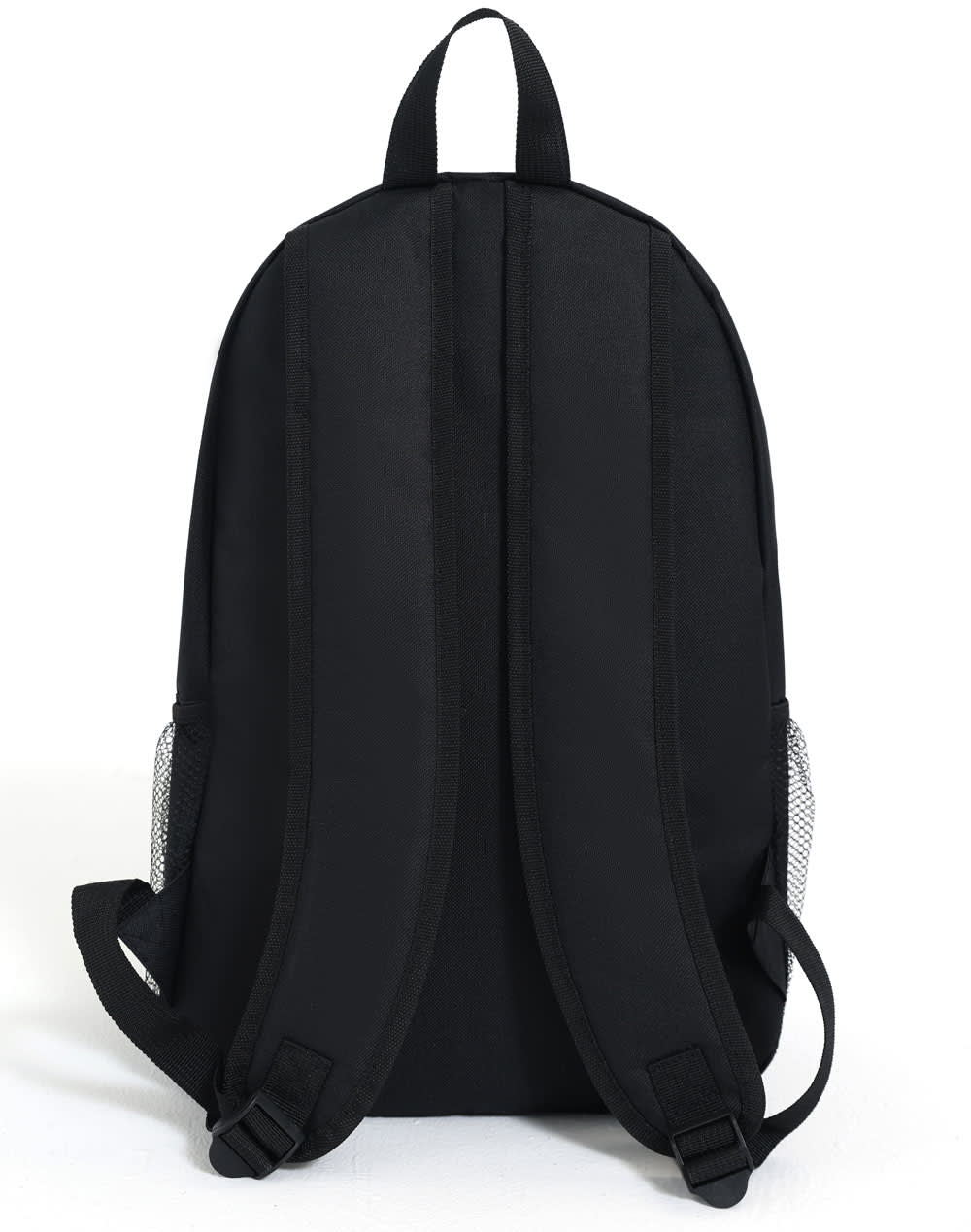 A black backpack with padded shoulder straps and mesh side pockets, featuring a logo on the front.