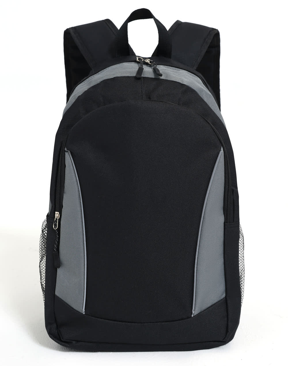 A black and grey backpack with padded shoulder straps and mesh side pockets. It features a logo on the front.