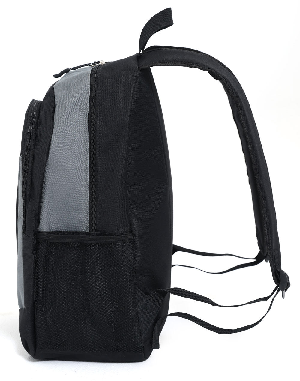 A black and grey backpack featuring a zip closure, adjustable straps, and a mesh side pocket.
