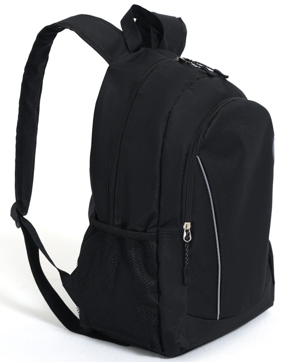 A black backpack featuring a zippered compartment and a mesh side pocket. It has adjustable shoulder straps and a logo.