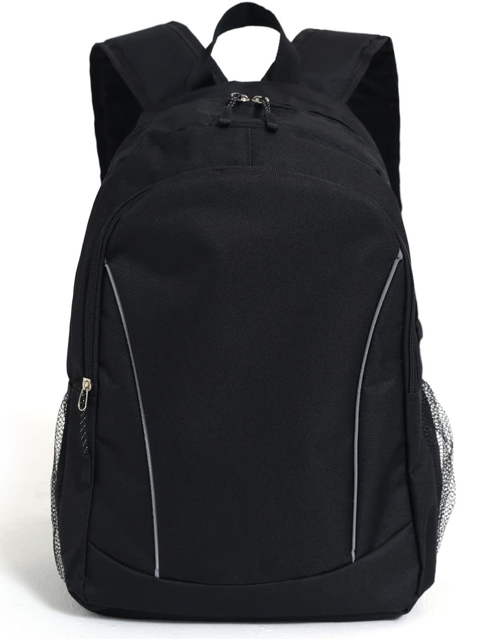 A black backpack featuring side pockets and a logo, designed for promotional use.