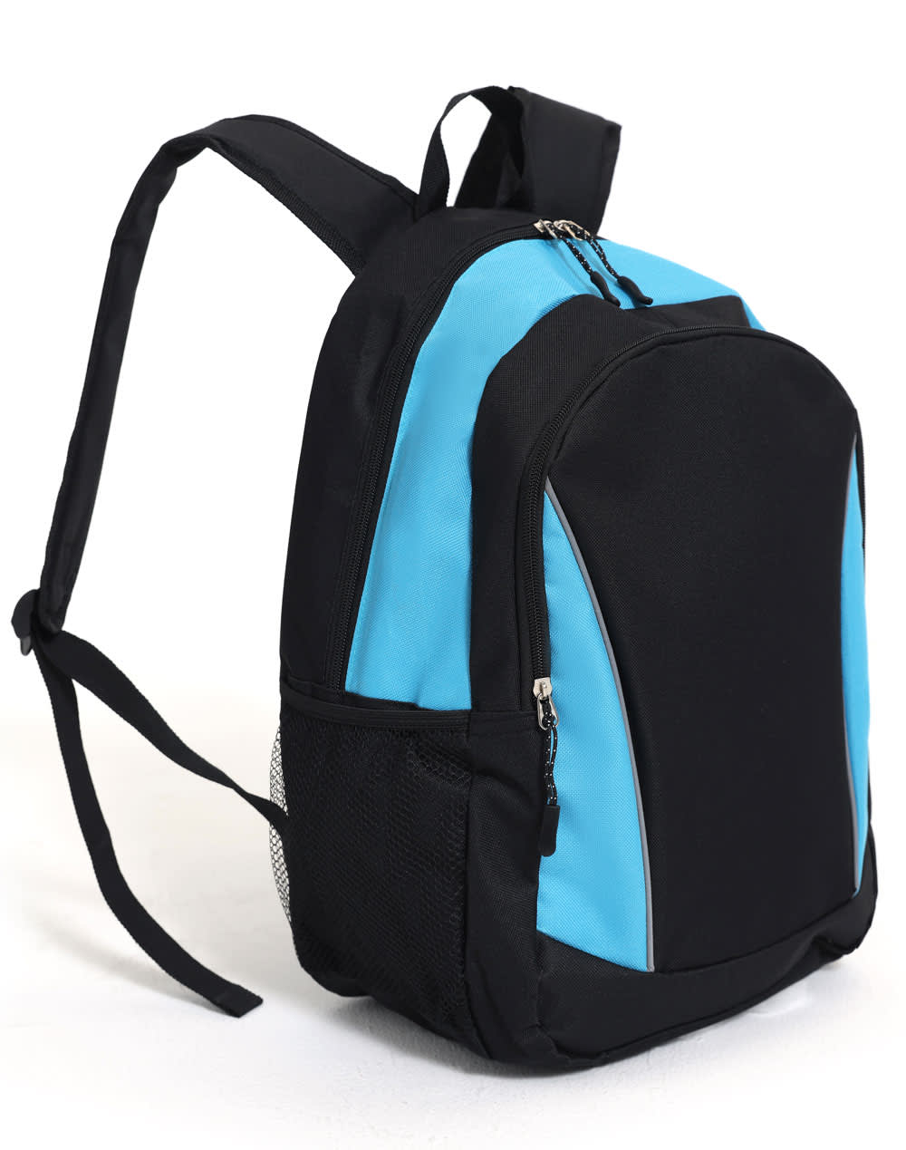 A black backpack with blue accents, featuring a zippered front pocket and mesh side pockets. It has adjustable straps.