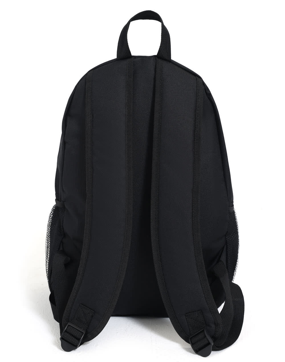A black backpack with padded straps and a sleek design, featuring side mesh pockets and a logo.