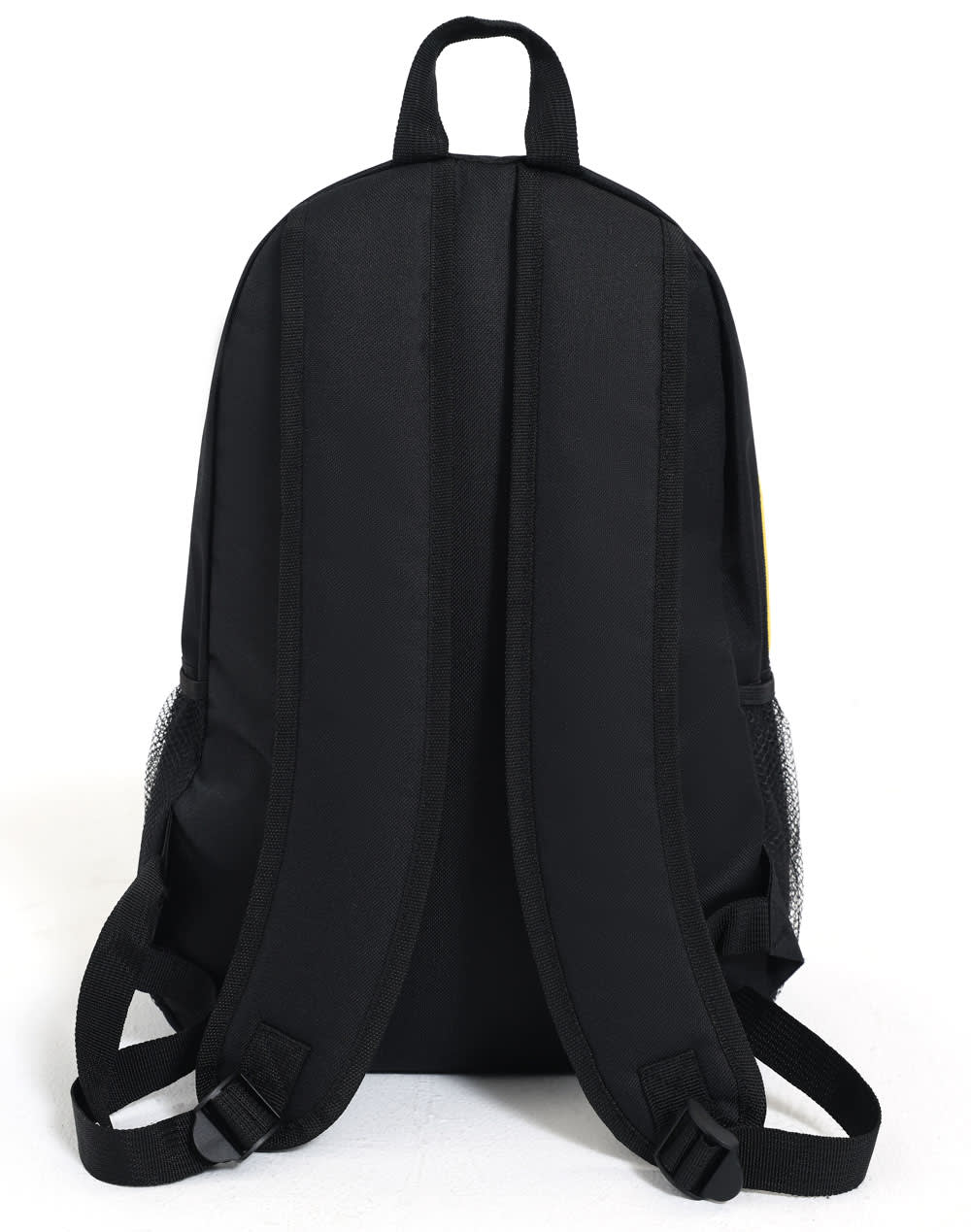 A black backpack featuring padded shoulder straps and a mesh pocket on the side, designed for comfort and functionality.
