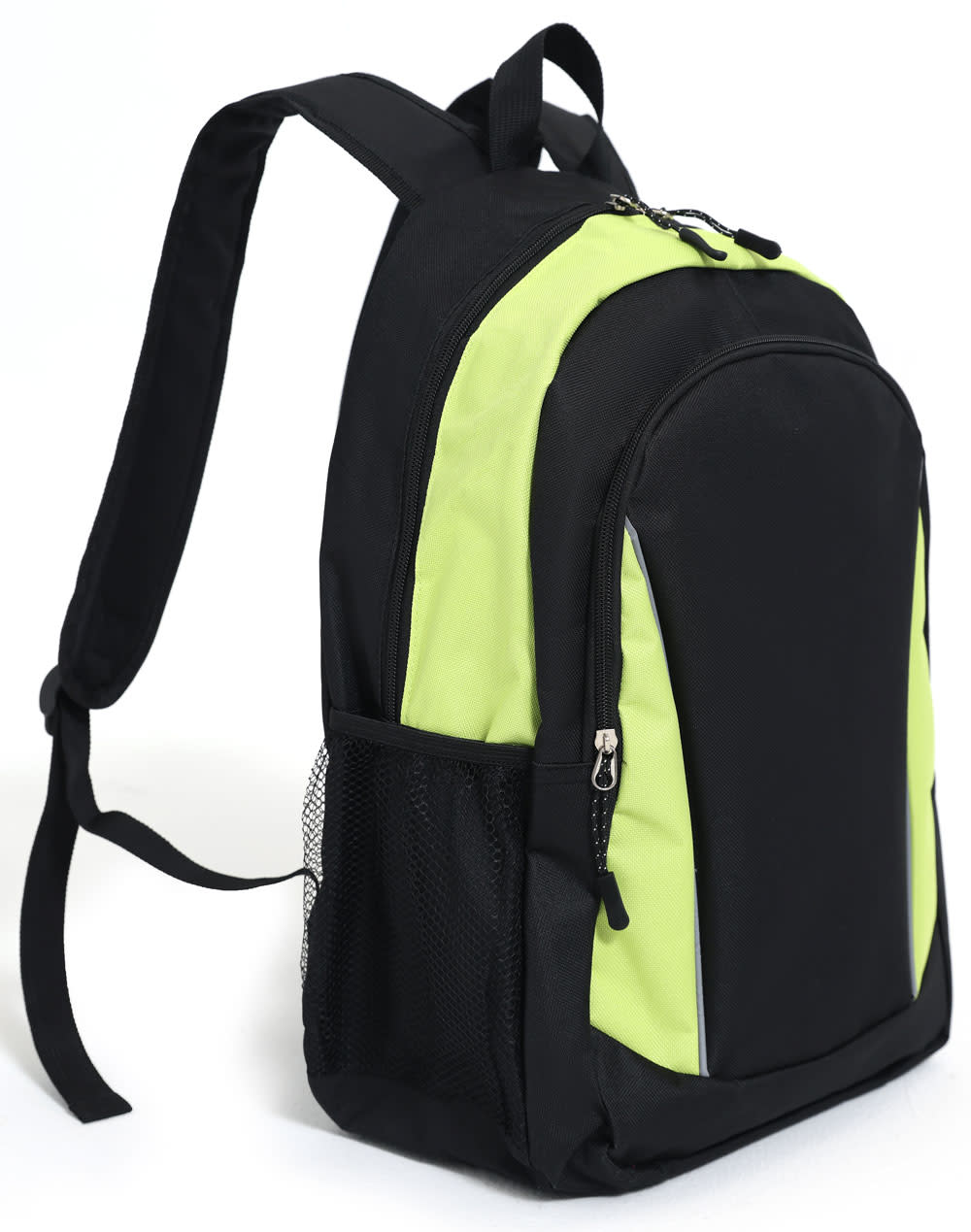 A black and lime green backpack with adjustable straps and a side mesh pocket. Features a zippered main compartment.