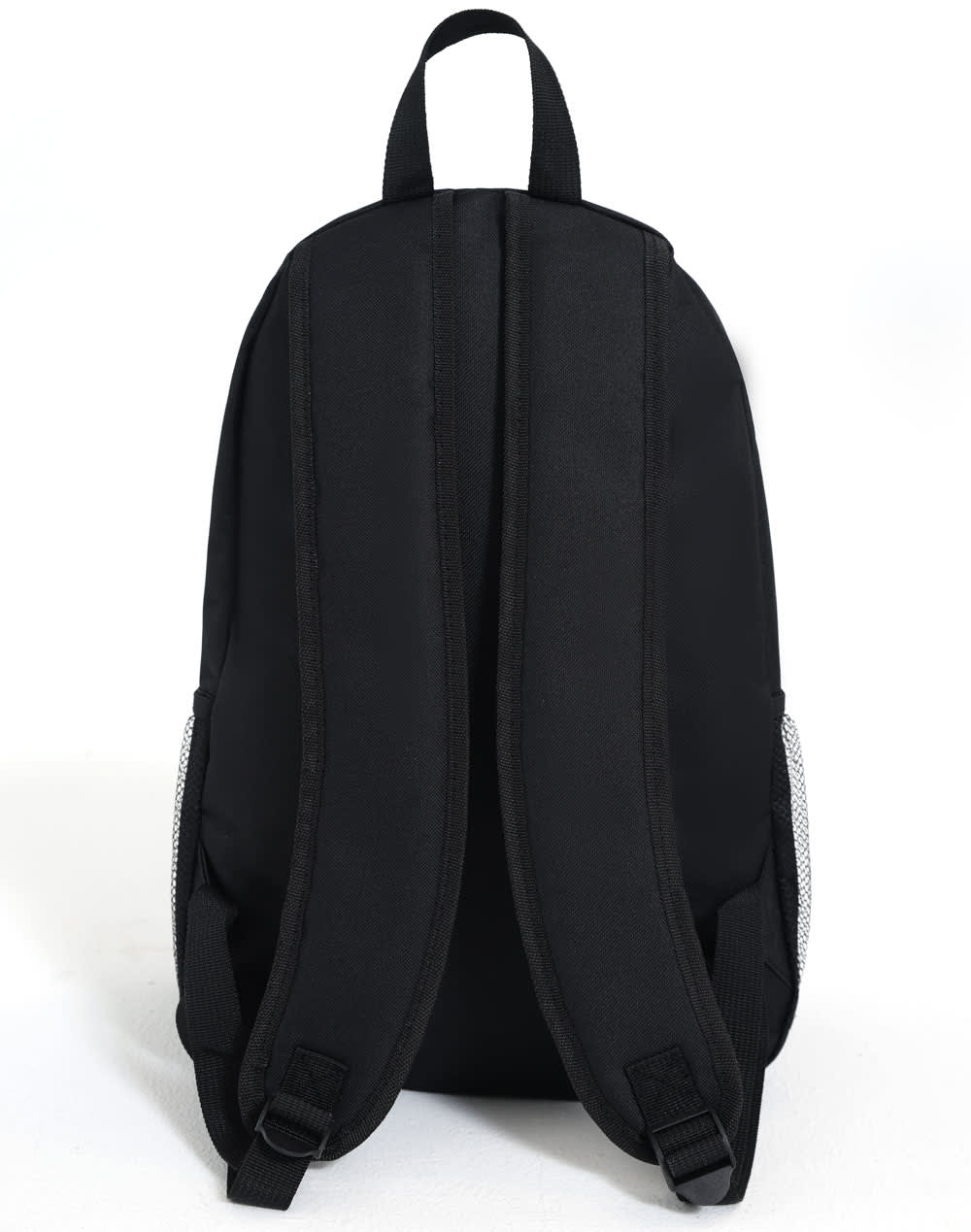 A black backpack featuring adjustable straps and mesh side pockets, with a logo visible.