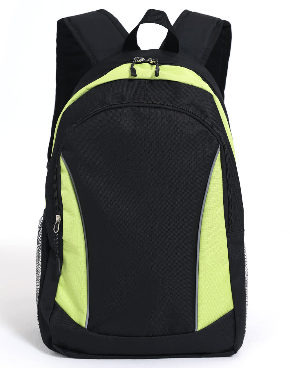 A black backpack with vibrant green accents and a side mesh pocket, featuring a logo.