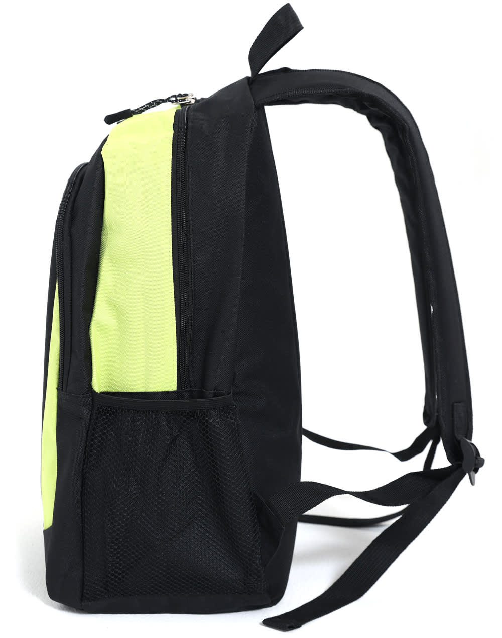 A black and neon yellow backpack with a zippered compartment and adjustable straps, featuring a mesh side pocket.