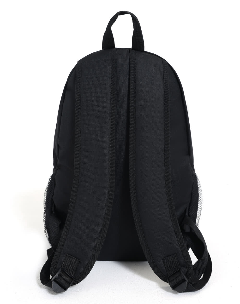 A black backpack featuring padded shoulder straps and a mesh side pocket, with a logo on the front.