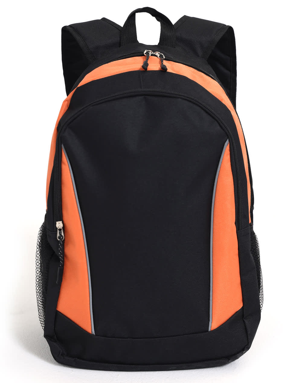 A black backpack with orange accents, featuring a zipped main compartment and mesh side pockets. It has a logo on it.