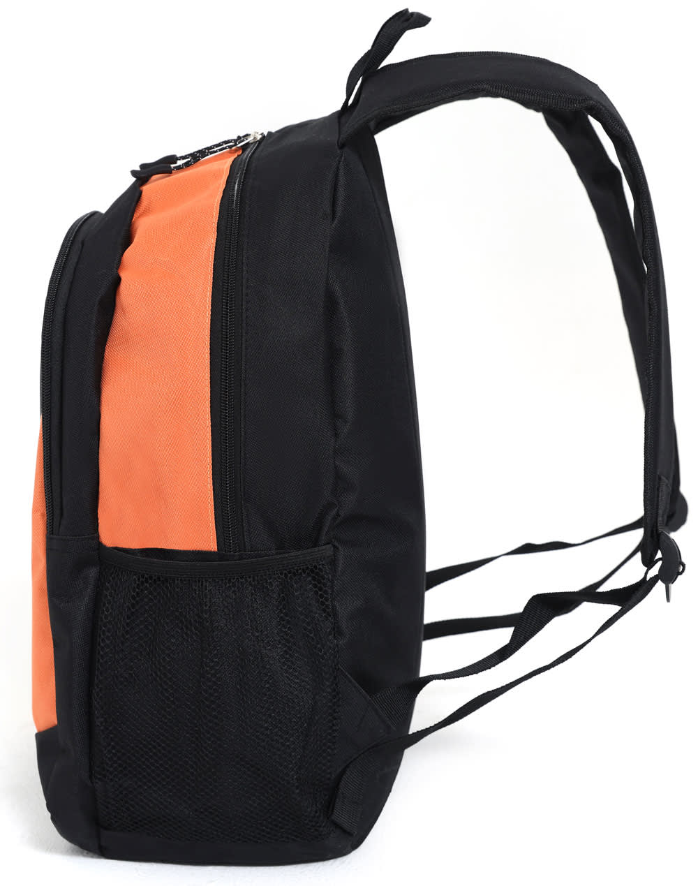 A black and orange backpack featuring a side mesh pocket and adjustable straps, with a logo prominently displayed.