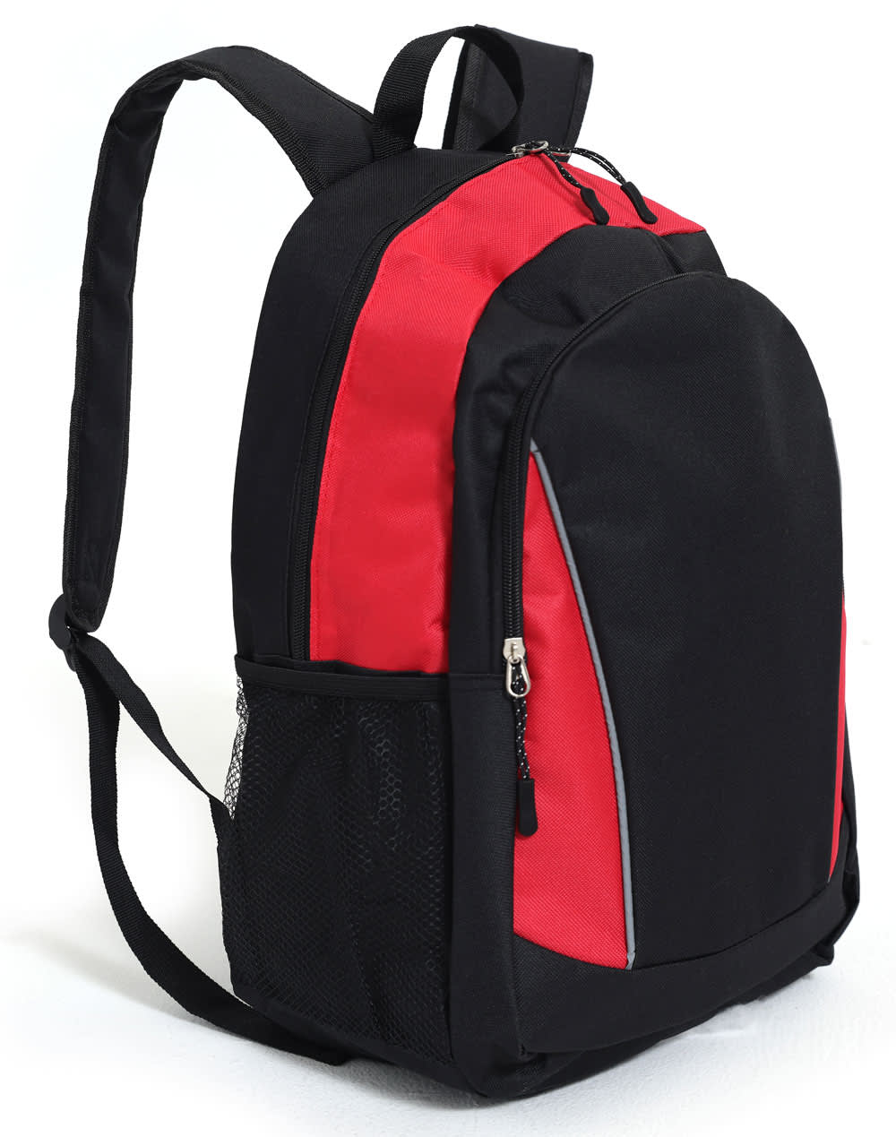 A black and red backpack with adjustable straps and a mesh side pocket. It features a zippered main compartment and a logo.