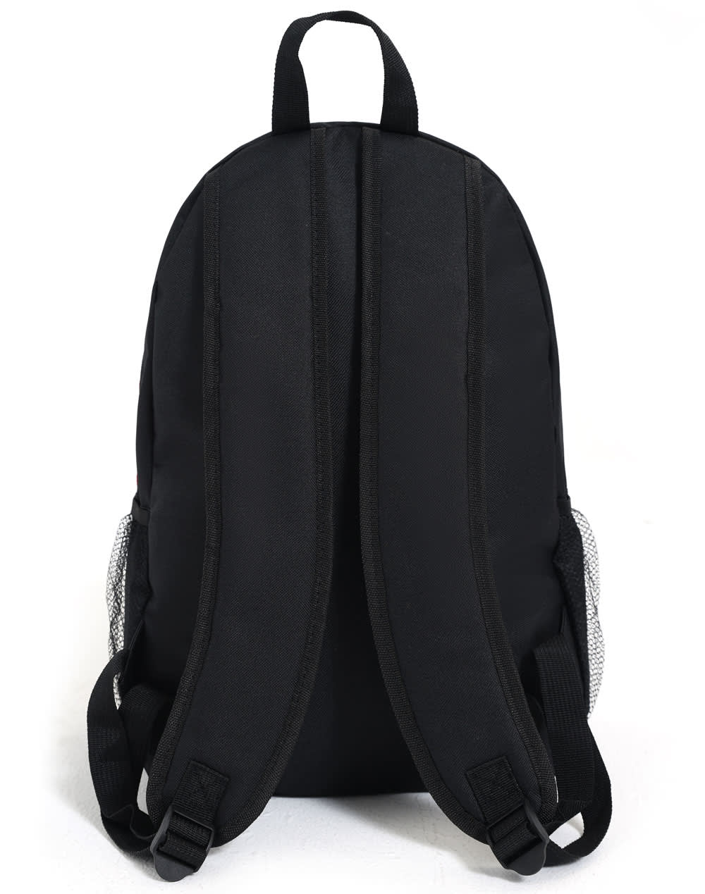A black backpack with padded straps and mesh side pockets, featuring a sleek, minimalist design.